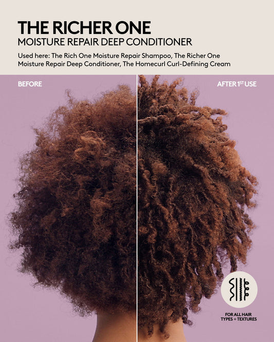 Coily short hair before and after one use of Fenty Hair shampoo, deep conditioner and curl-defining hair cream. Curls are bouncy, and hair appears healthier and hydrated. Fenty Hair is for all hair types + textures.